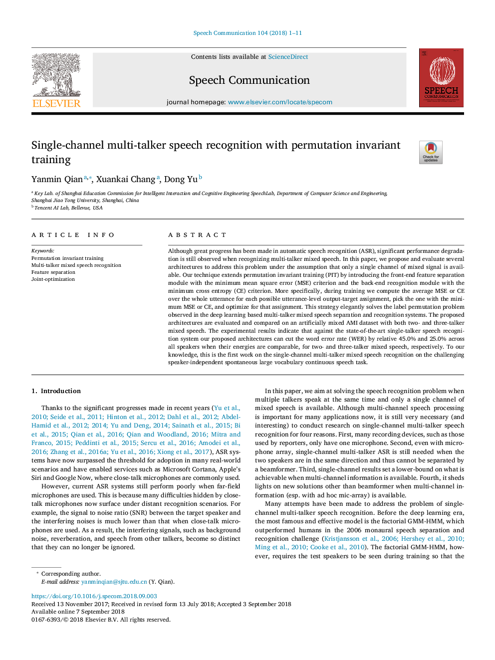 Single-channel multi-talker speech recognition with permutation invariant training