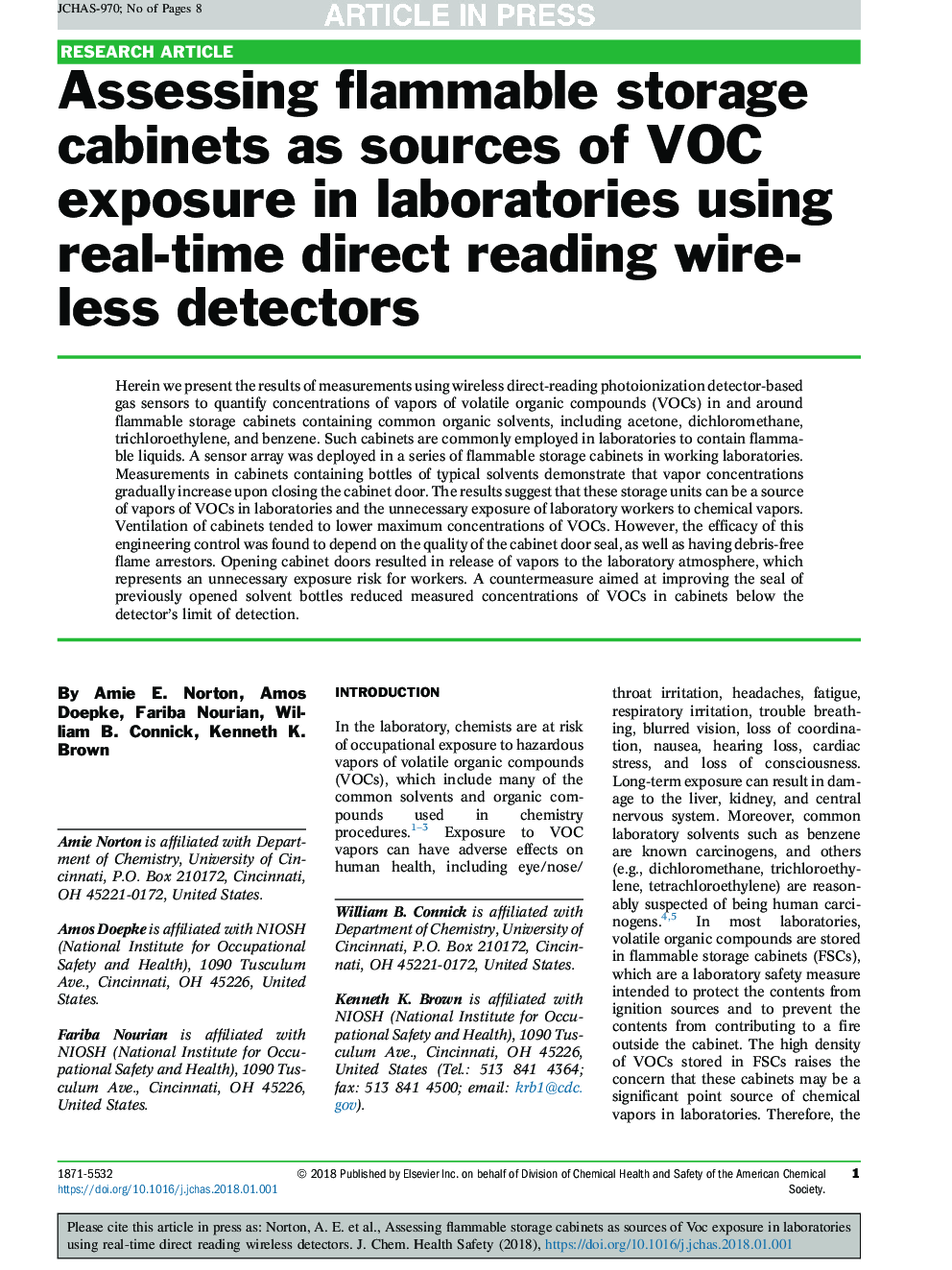 Assessing flammable storage cabinets as sources of VOC exposure in laboratories using real-time direct reading wireless detectors