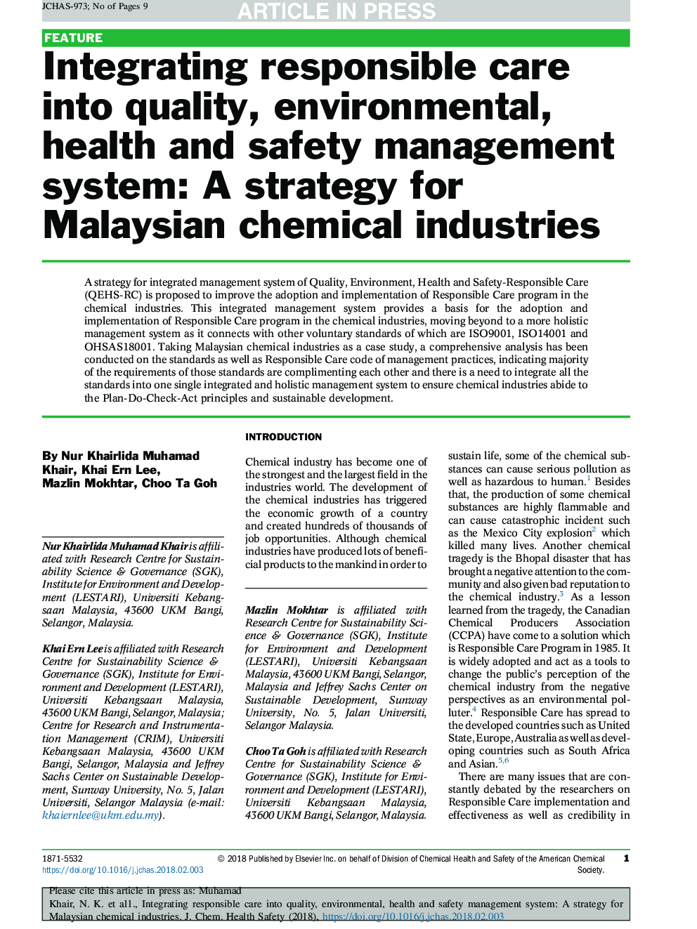Integrating responsible care into quality, environmental, health and safety management system: A strategy for Malaysian chemical industries