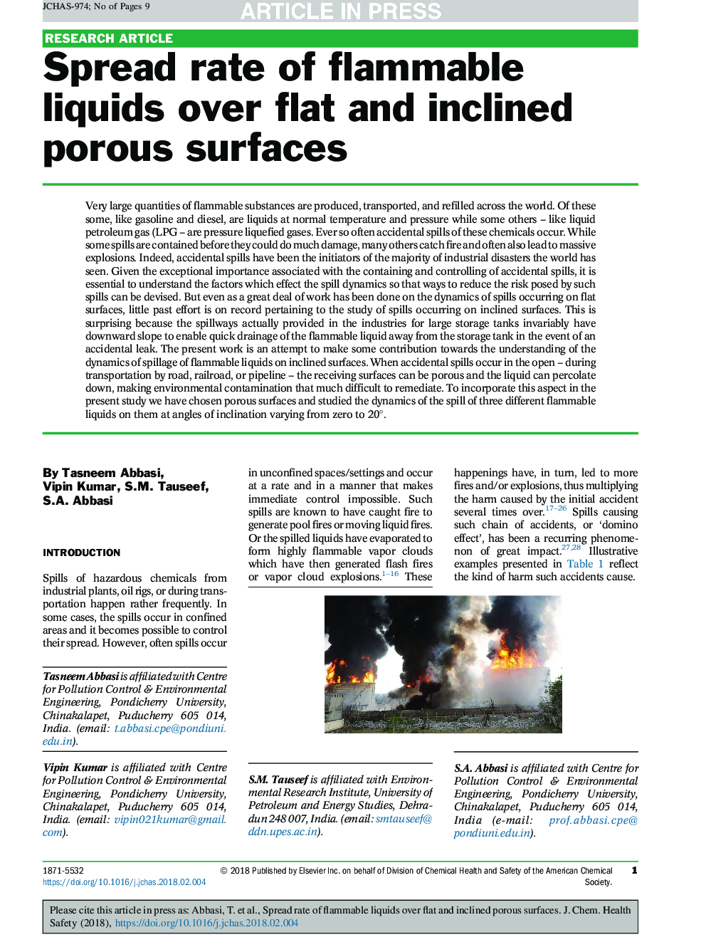 Spread rate of flammable liquids over flat and inclined porous surfaces