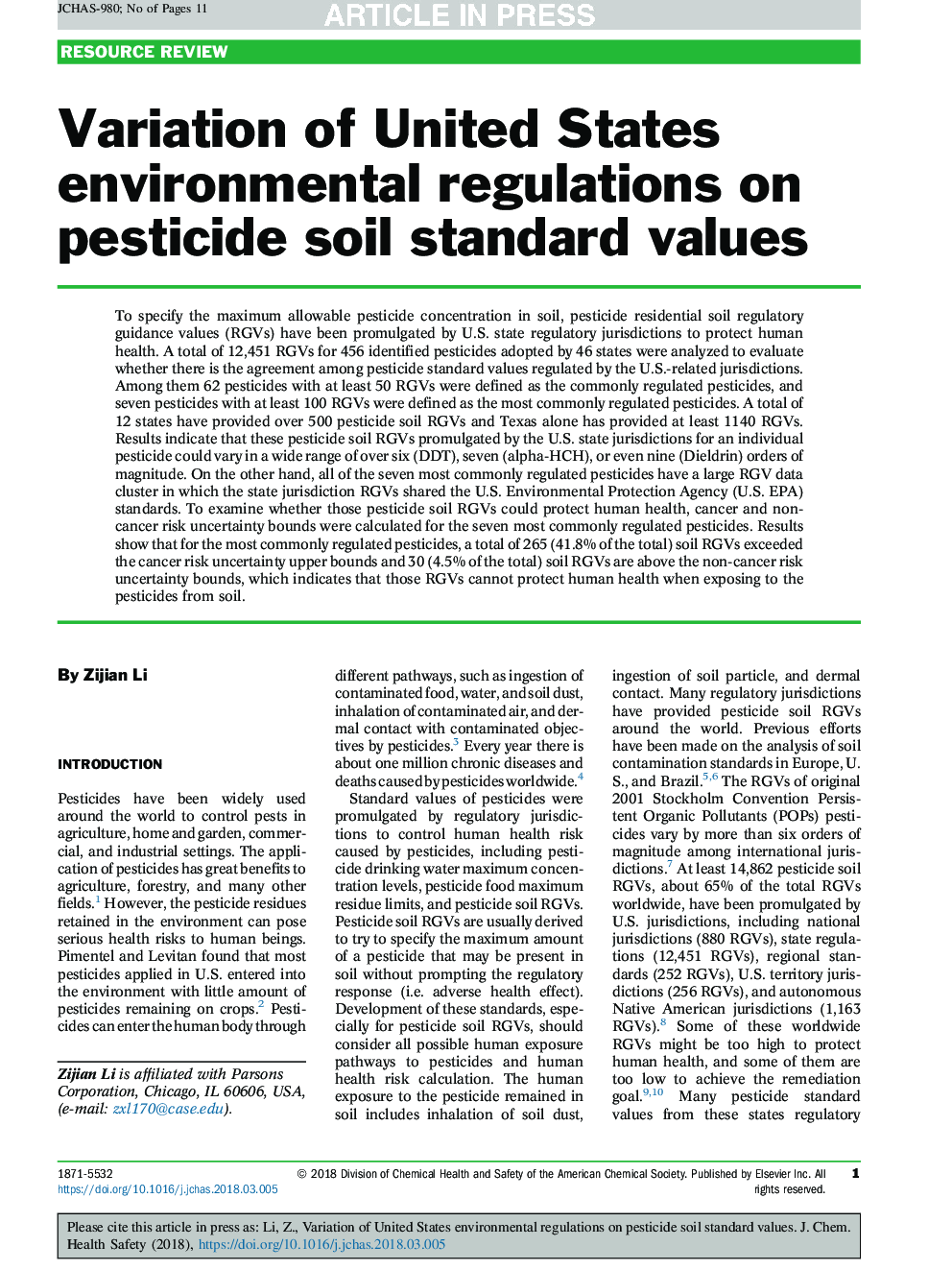 Variation of United States environmental regulations on pesticide soil standard values