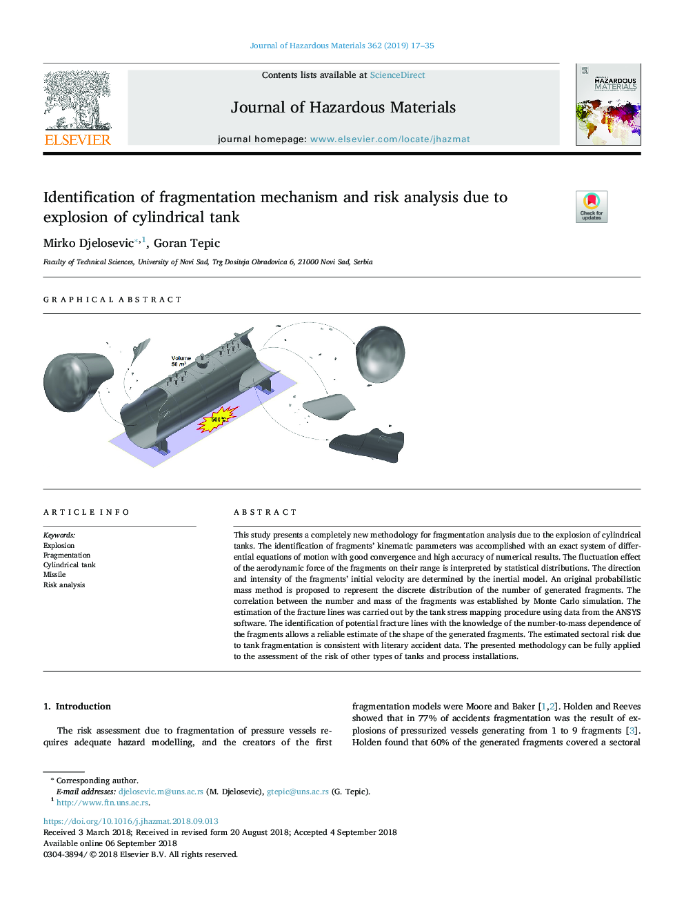 Identification of fragmentation mechanism and risk analysis due to explosion of cylindrical tank