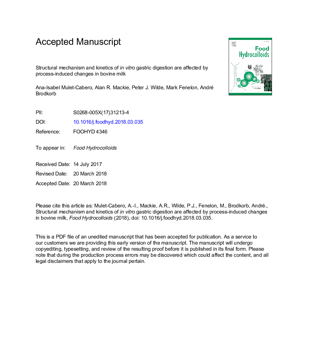 Structural mechanism and kinetics of inÂ vitro gastric digestion are affected by process-induced changes in bovine milk