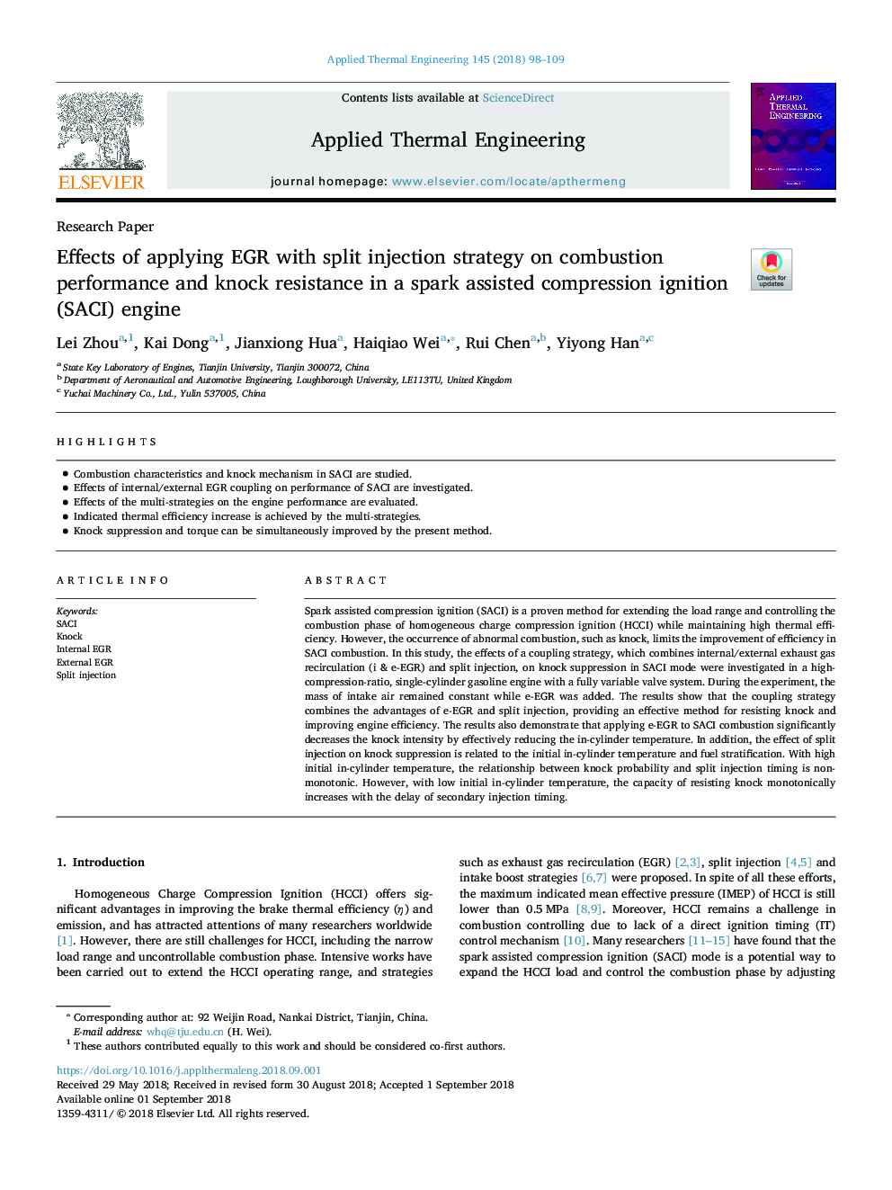 Effects of applying EGR with split injection strategy on combustion performance and knock resistance in a spark assisted compression ignition (SACI) engine