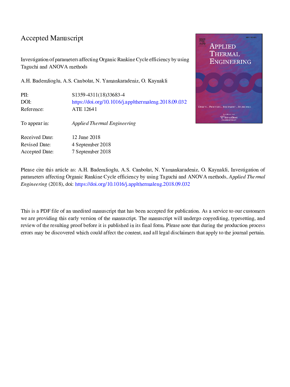 Investigation of parameters affecting Organic Rankine Cycle efficiency by using Taguchi and ANOVA methods