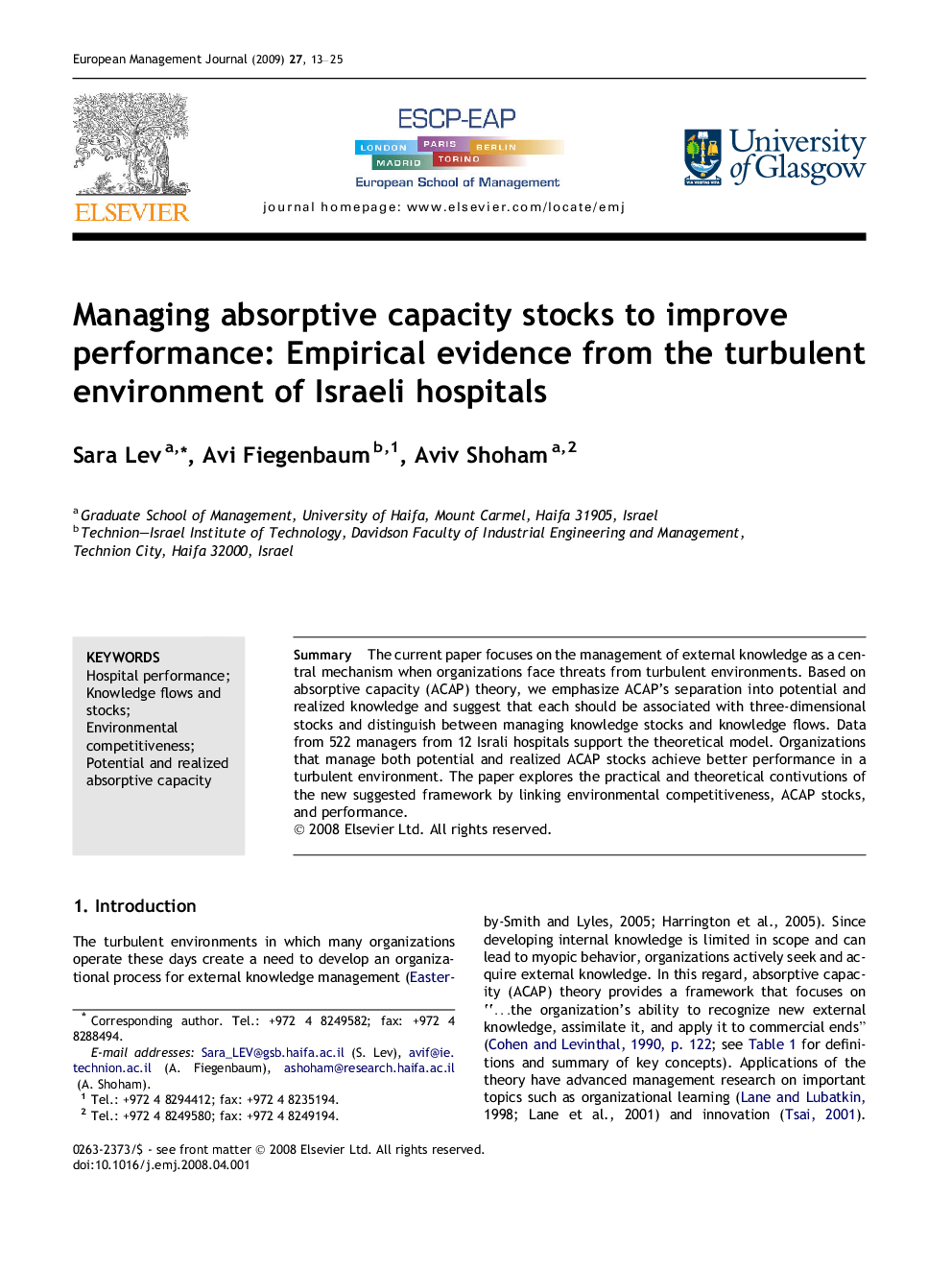 Managing absorptive capacity stocks to improve performance: Empirical evidence from the turbulent environment of Israeli hospitals