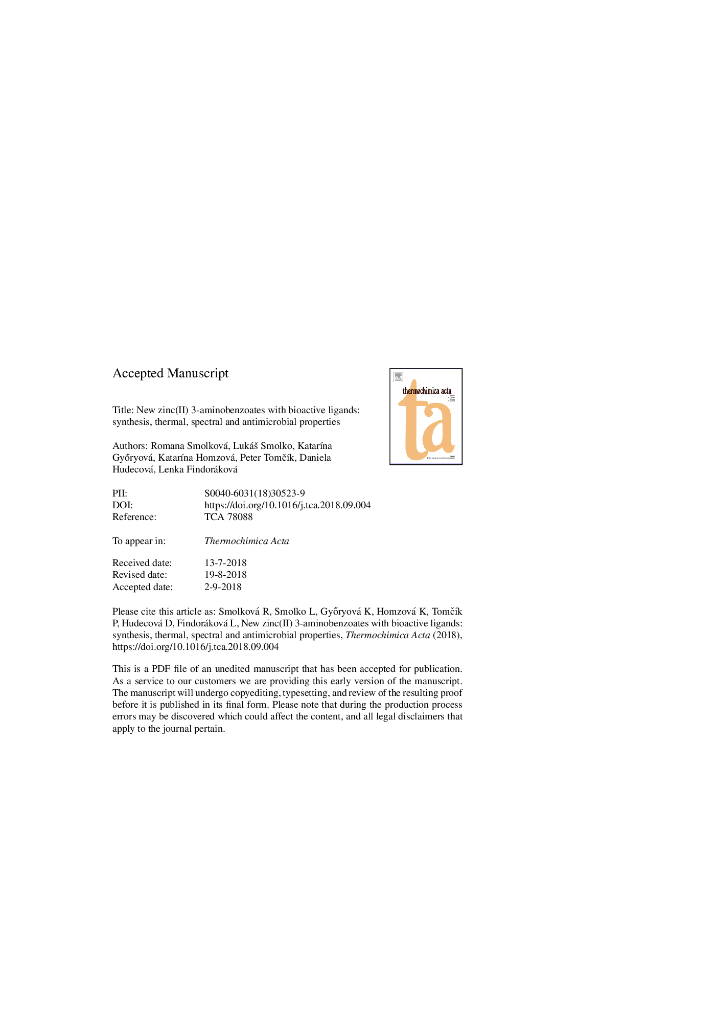 New zinc(II) 3-aminobenzoates with bioactive ligands: Synthesis, thermal, spectral and antimicrobial properties