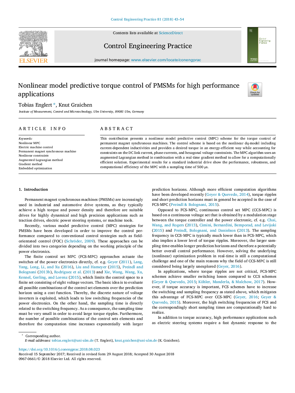 Nonlinear model predictive torque control of PMSMs for high performance applications