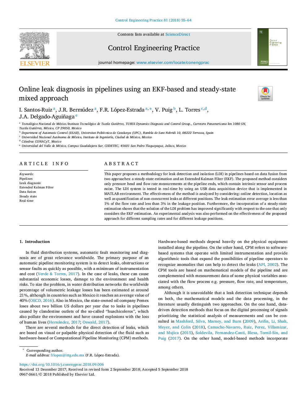 Online leak diagnosis in pipelines using an EKF-based and steady-state mixed approach