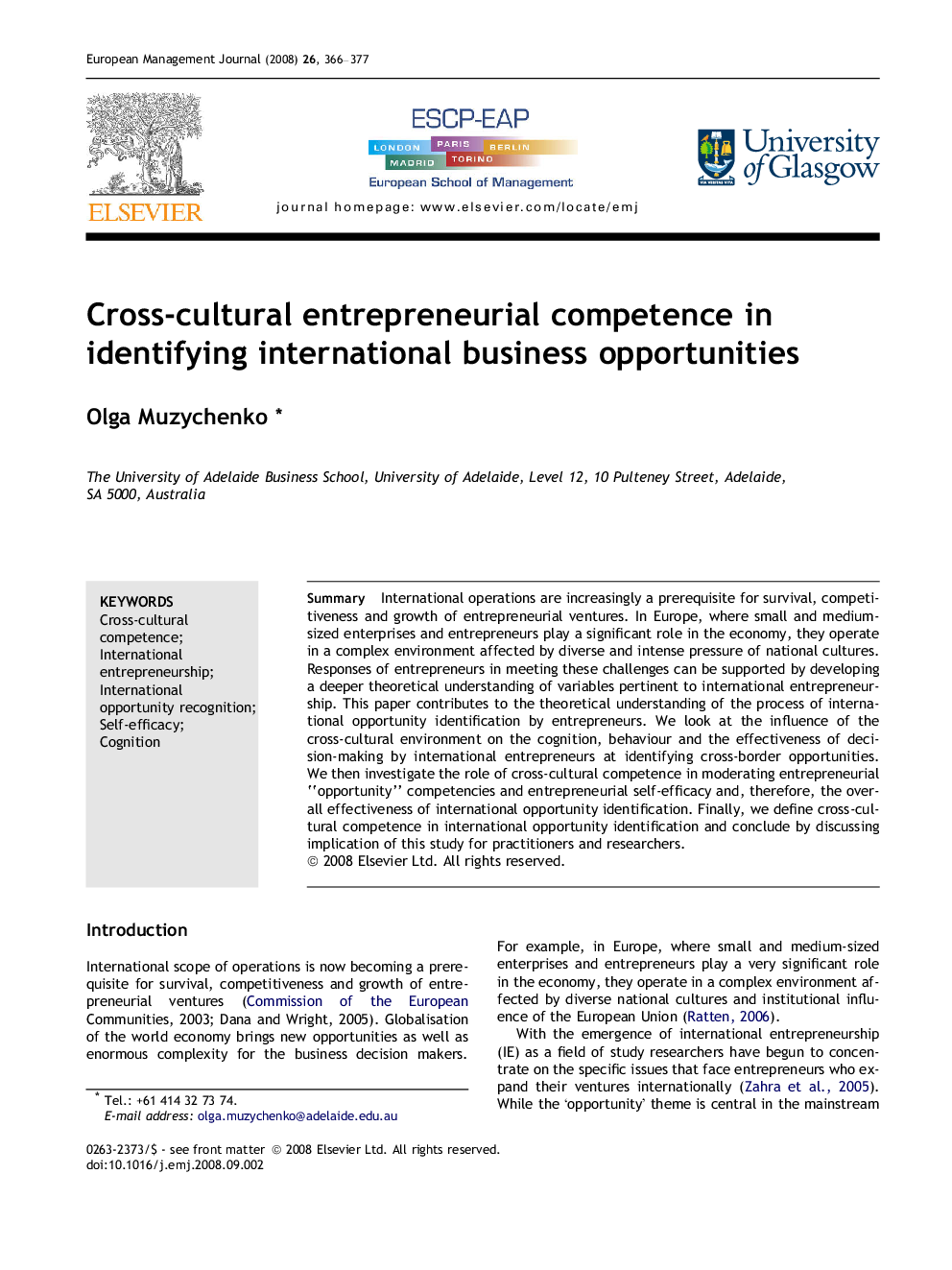 Cross-cultural entrepreneurial competence in identifying international business opportunities