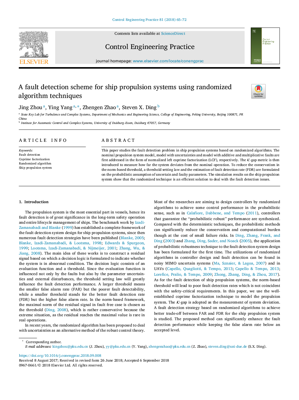 A fault detection scheme for ship propulsion systems using randomized algorithm techniques