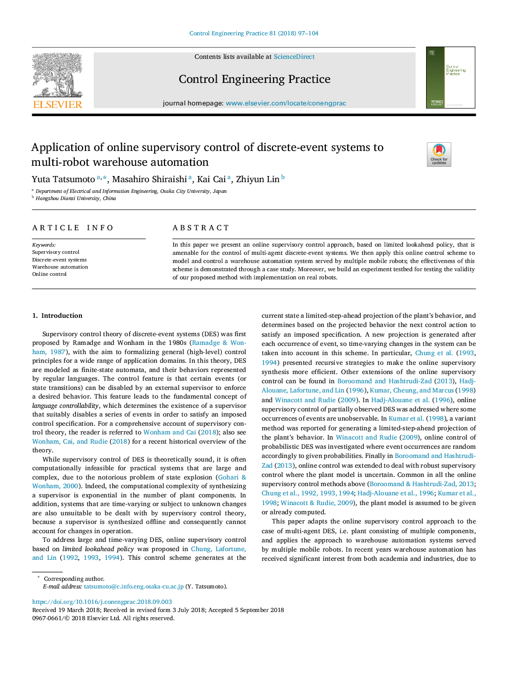 Application of online supervisory control of discrete-event systems to multi-robot warehouse automation