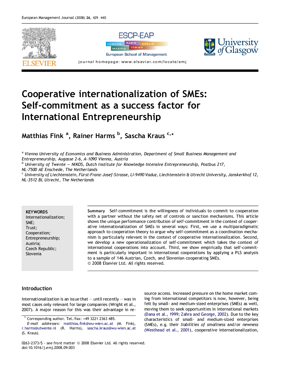 Cooperative internationalization of SMEs: Self-commitment as a success factor for International Entrepreneurship