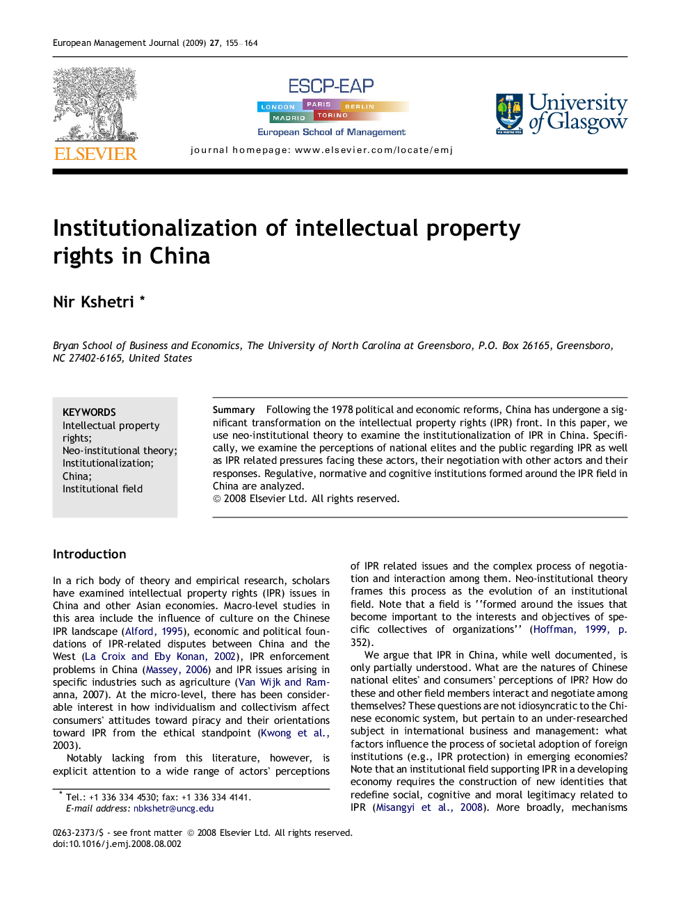 Institutionalization of intellectual property rights in China