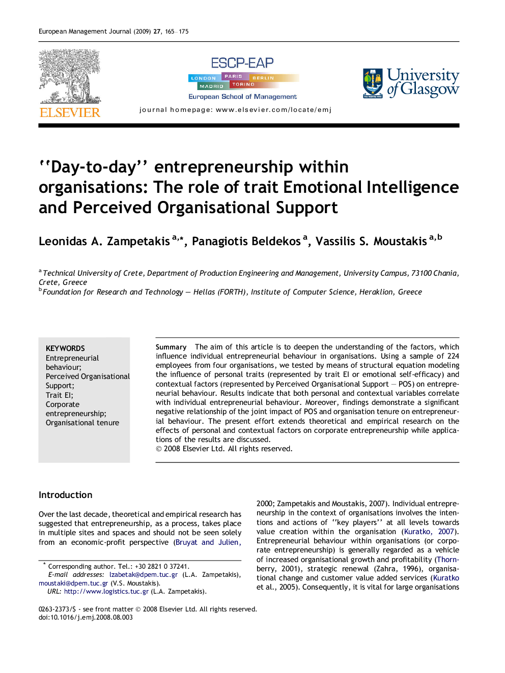 ‘‘Day-to-day” entrepreneurship within organisations: The role of trait Emotional Intelligence and Perceived Organisational Support