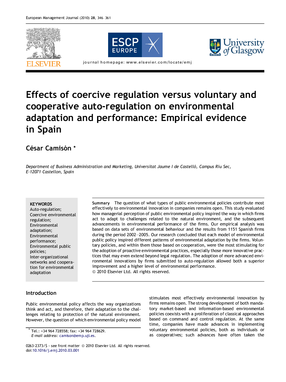 Effects of coercive regulation versus voluntary and cooperative auto-regulation on environmental adaptation and performance: Empirical evidence in Spain