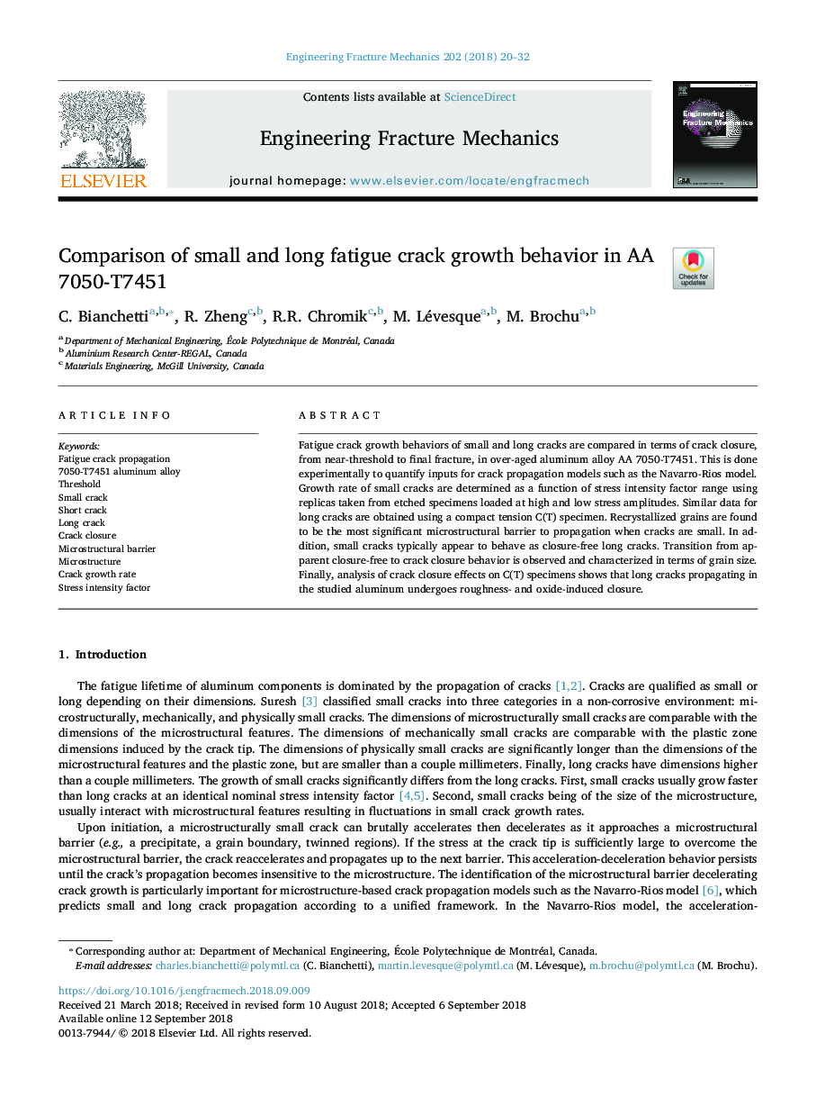 Comparison of small and long fatigue crack growth behavior in AA 7050-T7451