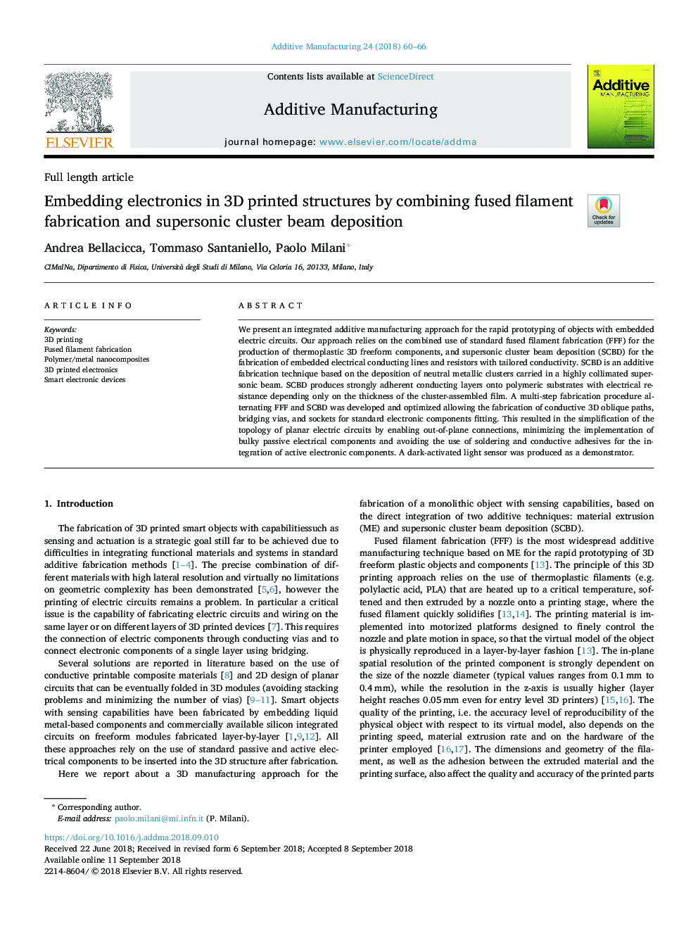 Embedding electronics in 3D printed structures by combining fused filament fabrication and supersonic cluster beam deposition