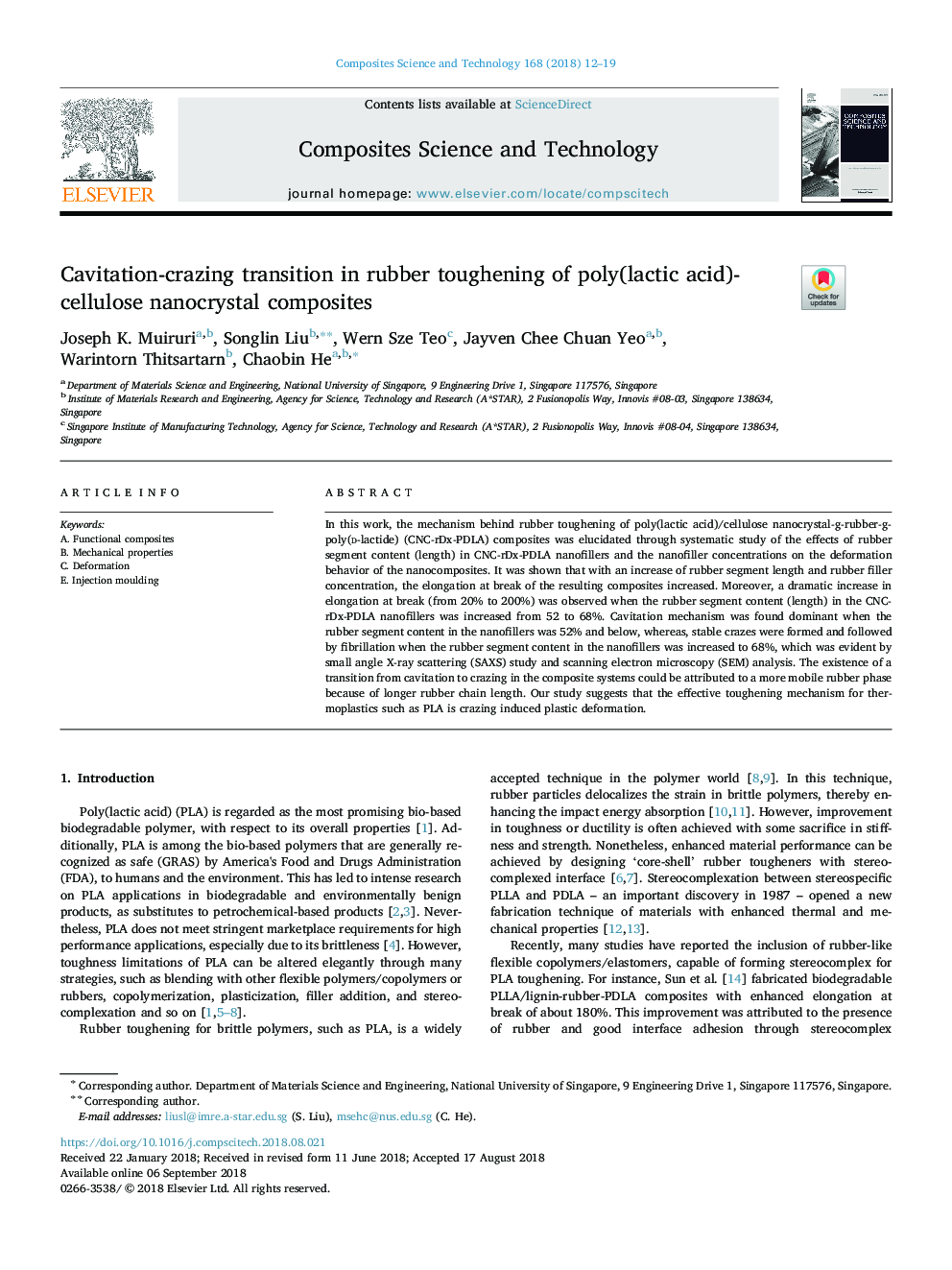 Cavitation-crazing transition in rubber toughening of poly(lactic acid)-cellulose nanocrystal composites