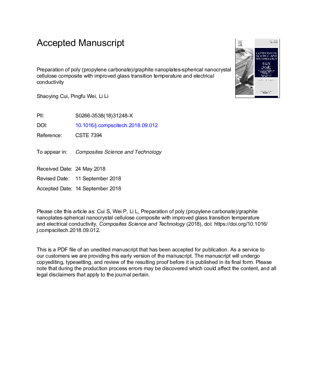 Preparation of poly (propylene carbonate)/graphite nanoplates-spherical nanocrystal cellulose composite with improved glass transition temperature and electrical conductivity