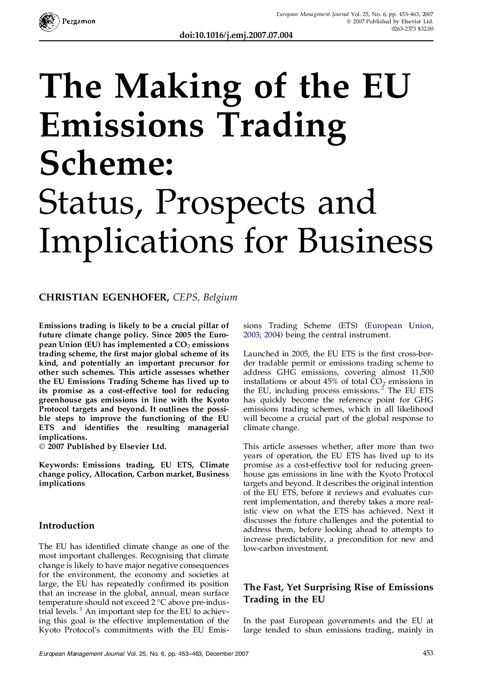 The Making of the EU Emissions Trading Scheme:: Status, Prospects and Implications for Business