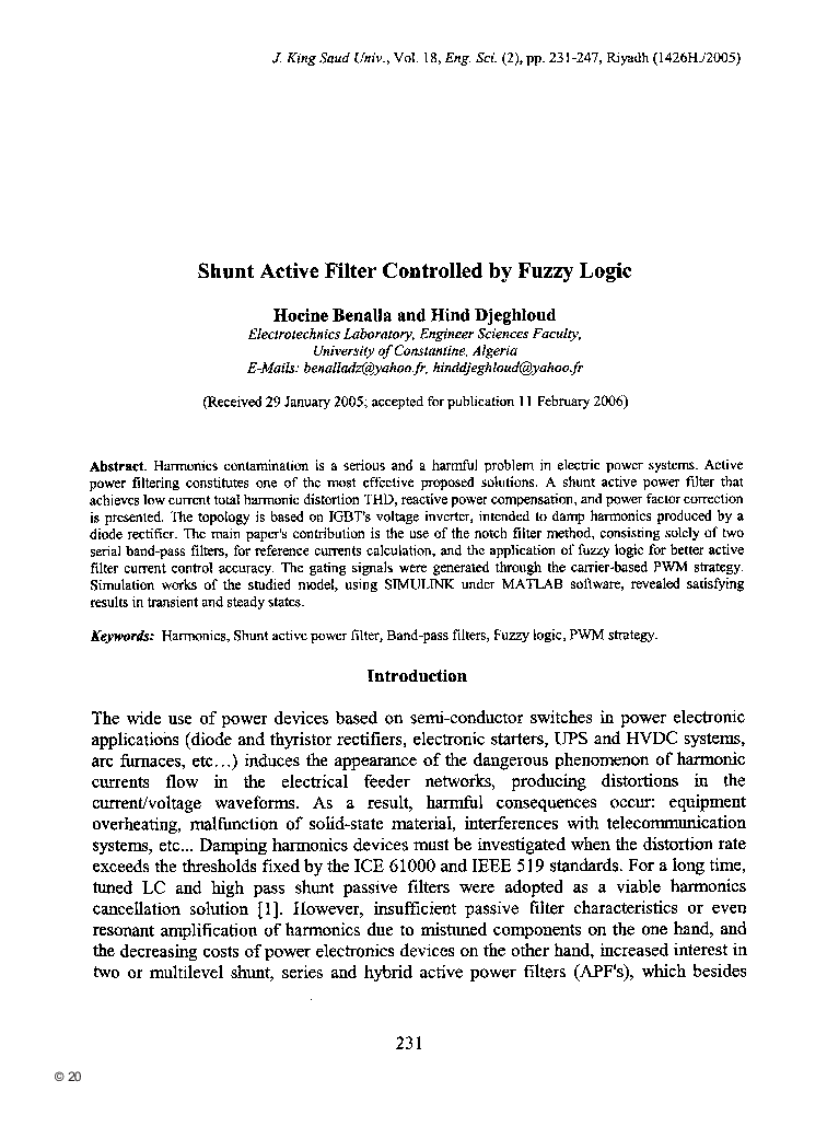 Shunt Active Filter Controlled by Fuzzy Logic