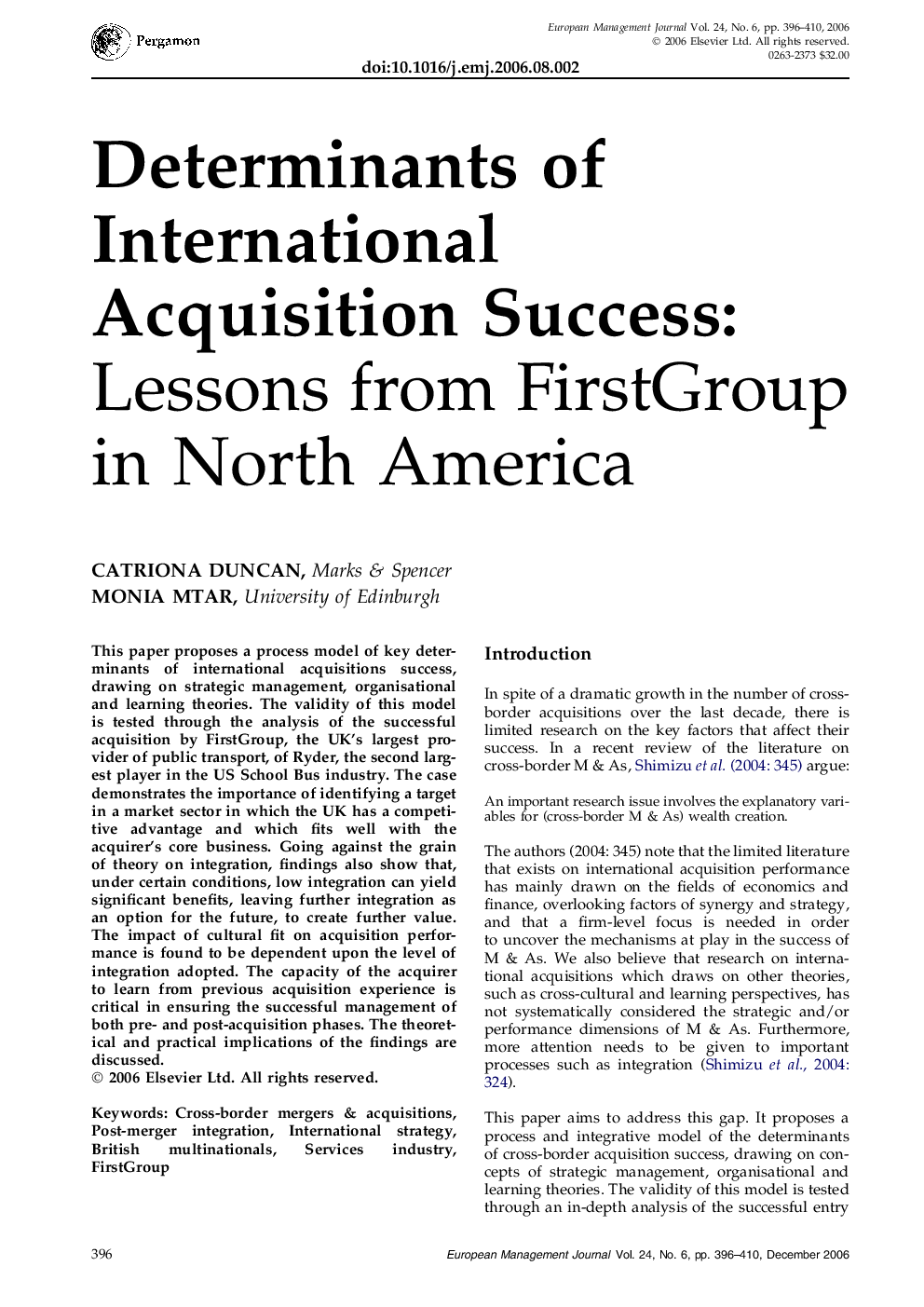 Determinants of International Acquisition Success:: Lessons from FirstGroup in North America