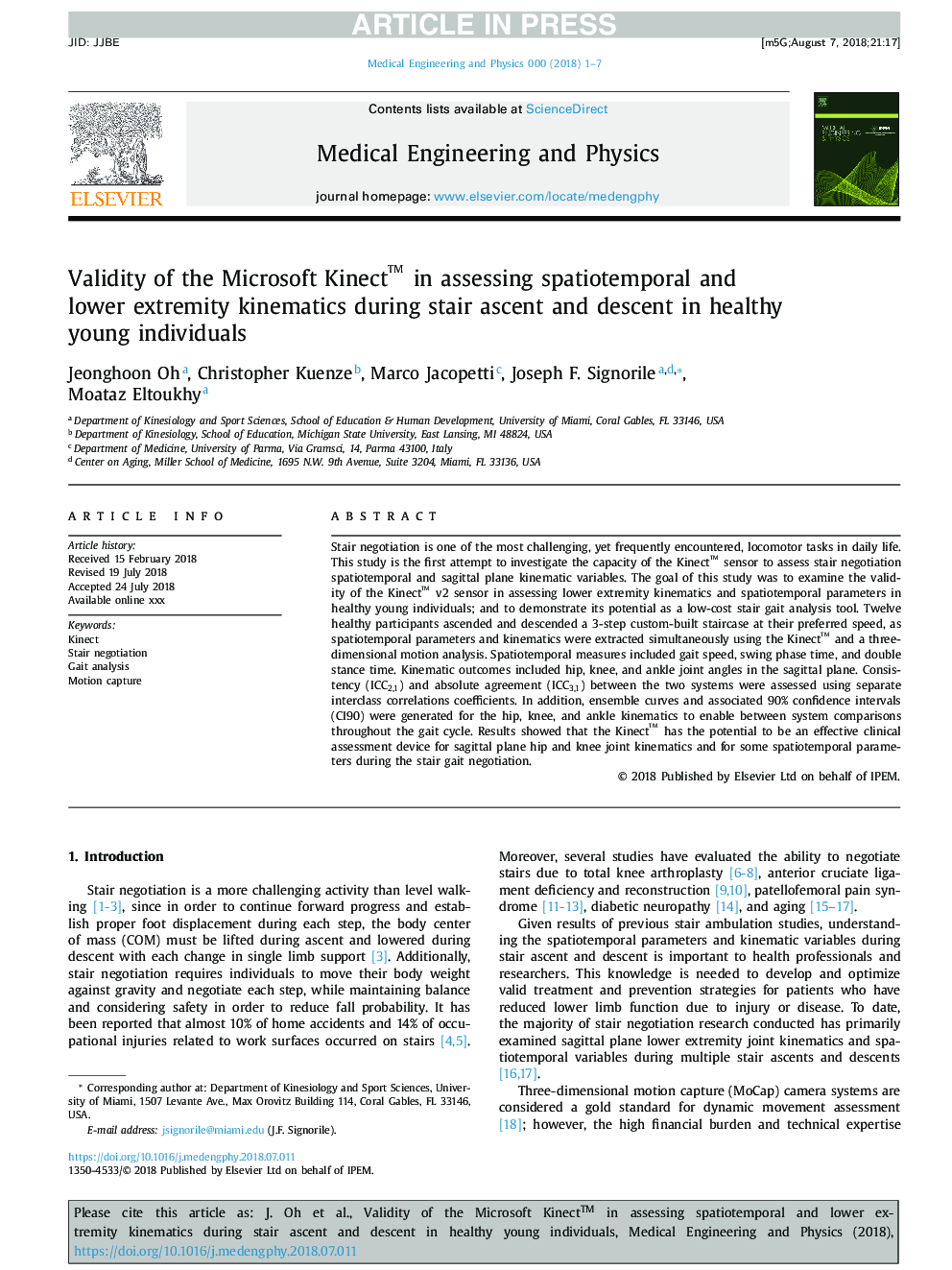 Validity of the Microsoft Kinectâ¢ in assessing spatiotemporal and lower extremity kinematics during stair ascent and descent in healthy young individuals