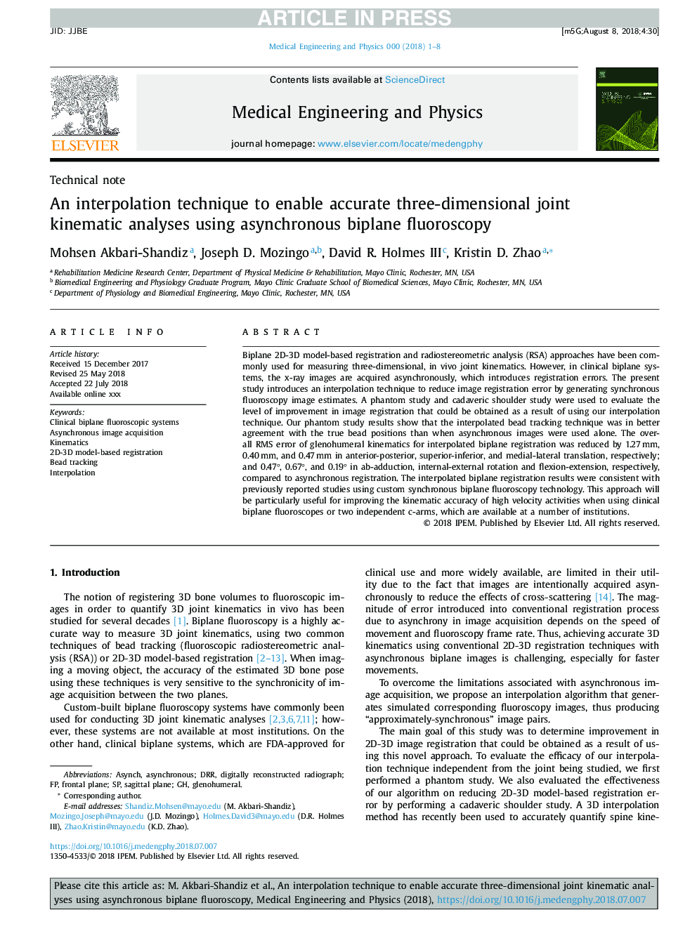 An interpolation technique to enable accurate three-dimensional joint kinematic analyses using asynchronous biplane fluoroscopy