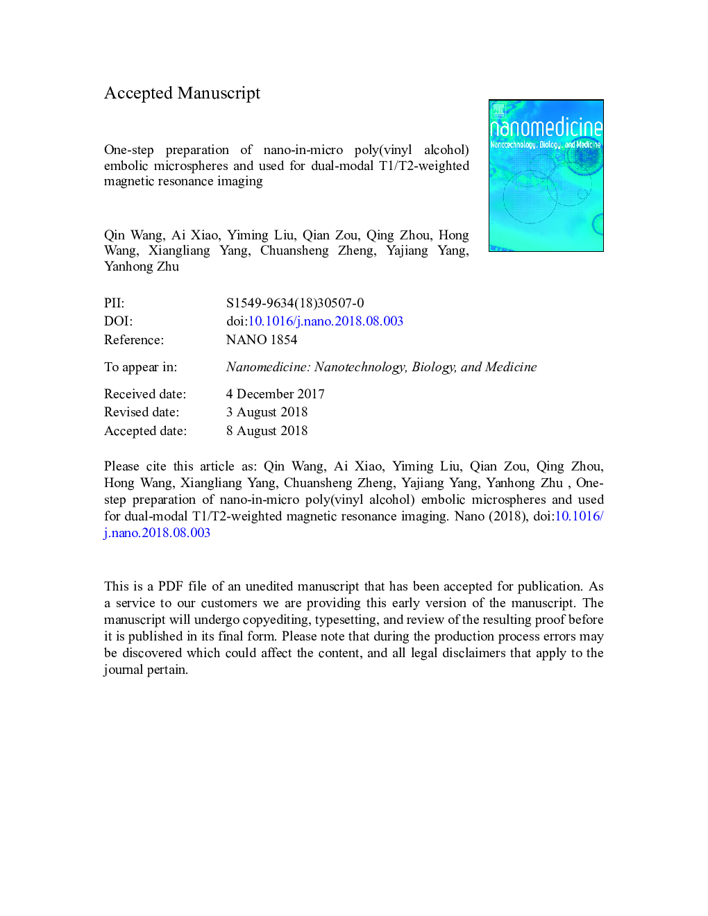 One-step preparation of nano-in-micro poly(vinyl alcohol) embolic microspheres and used for dual-modal T1/T2-weighted magnetic resonance imaging