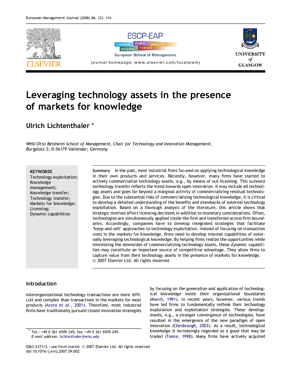 Leveraging technology assets in the presence of markets for knowledge