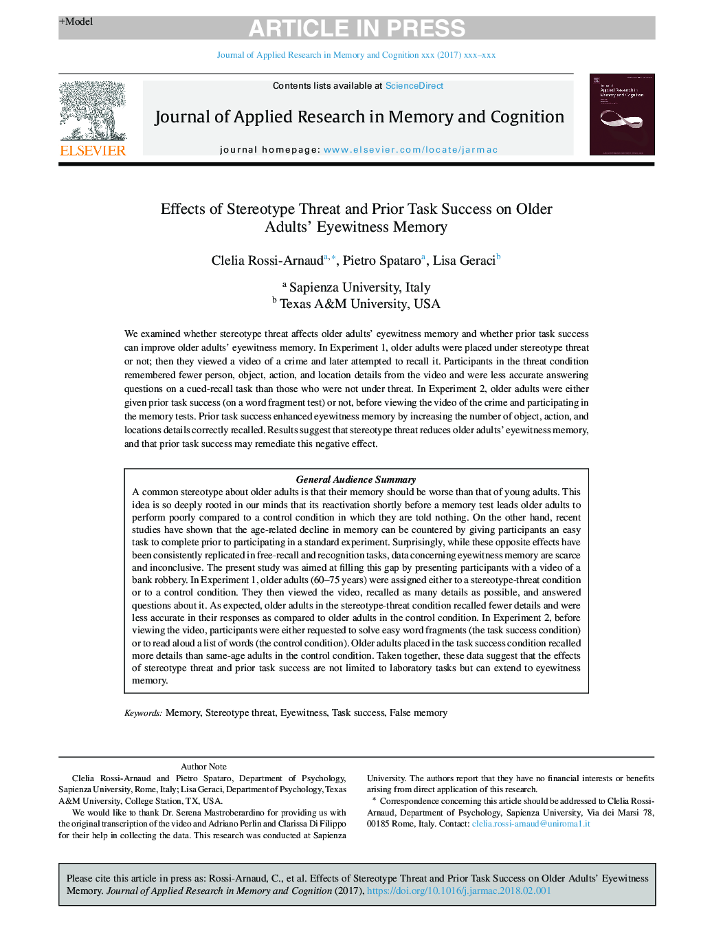 Effects of Stereotype Threat and Prior Task Success on Older Adults' Eyewitness Memory