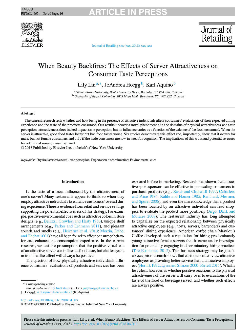 When Beauty Backfires: The Effects of Server Attractiveness on Consumer Taste Perceptions