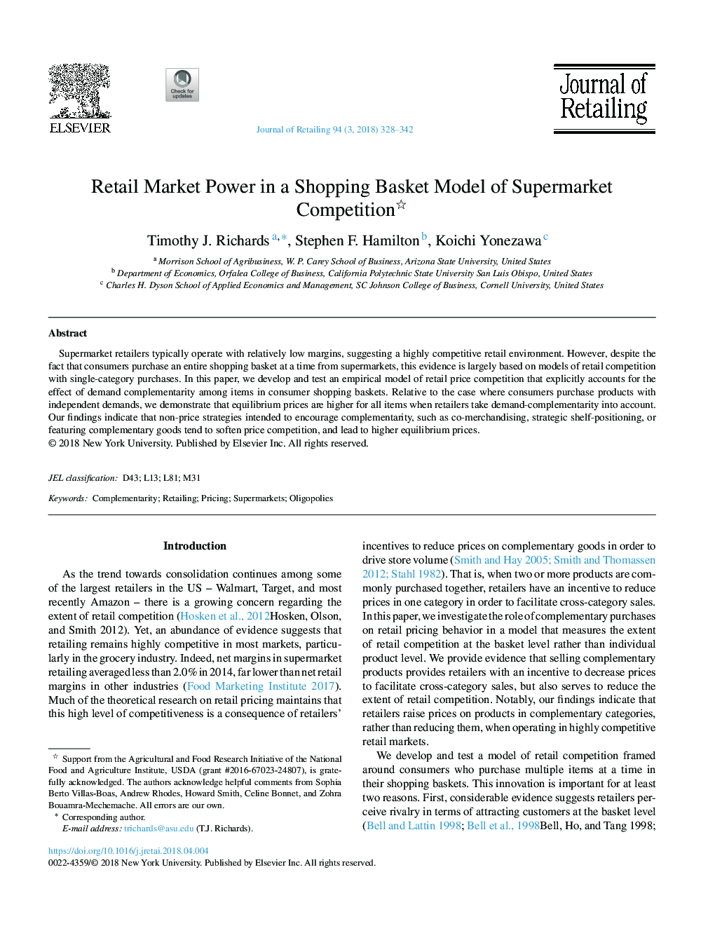 Retail Market Power in a Shopping Basket Model of Supermarket Competition