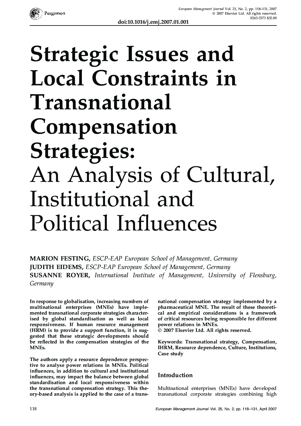 Strategic Issues and Local Constraints in Transnational Compensation Strategies:: An Analysis of Cultural, Institutional and Political Influences