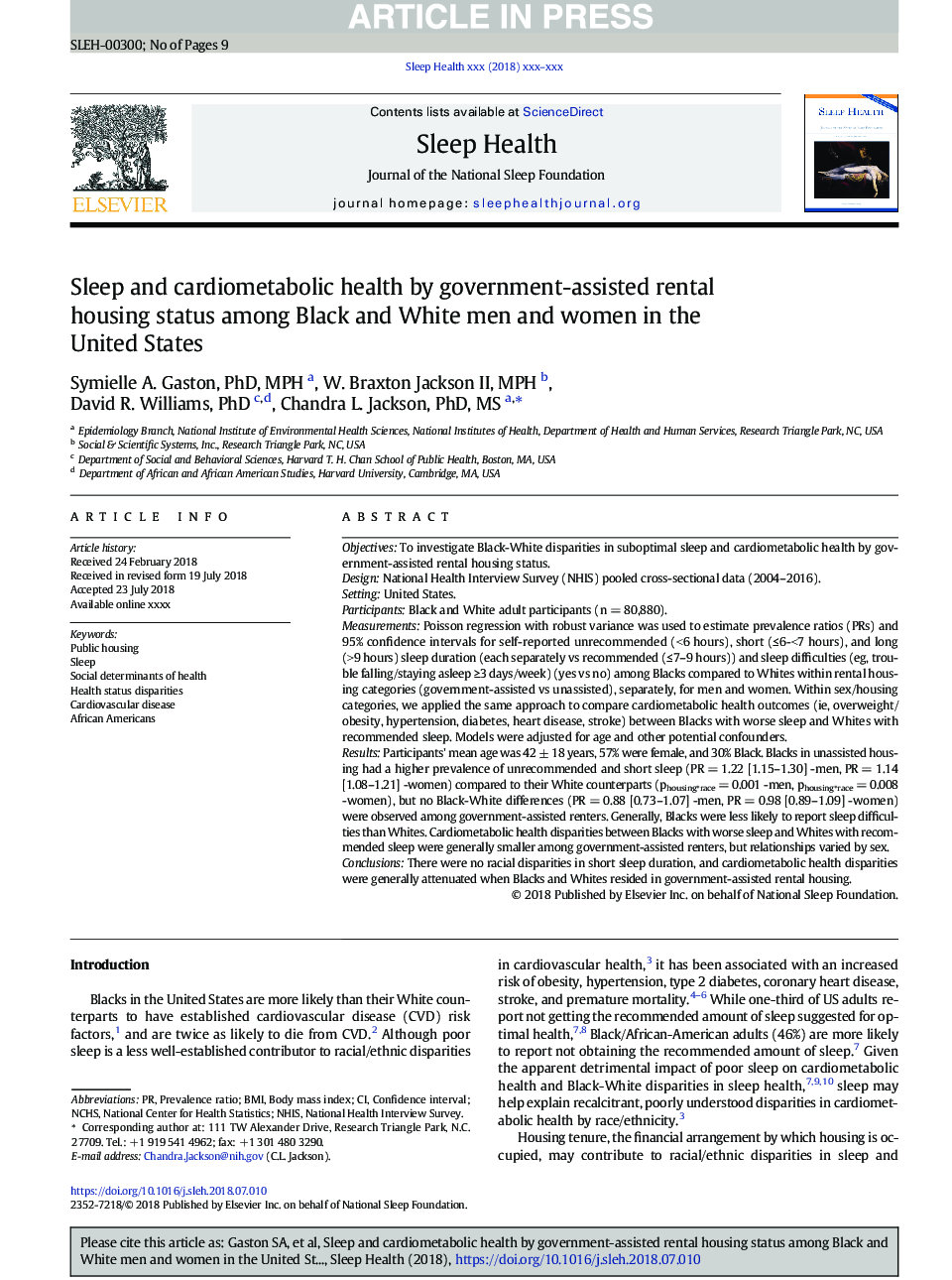 Sleep and cardiometabolic health by government-assisted rental housing status among Black and White men and women in the United States