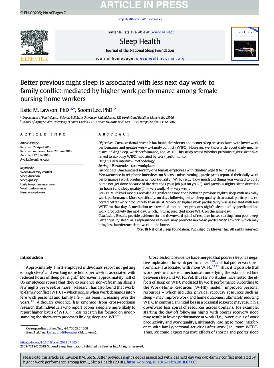 Better previous night sleep is associated with less next day work-to-family conflict mediated by higher work performance among female nursing home workers