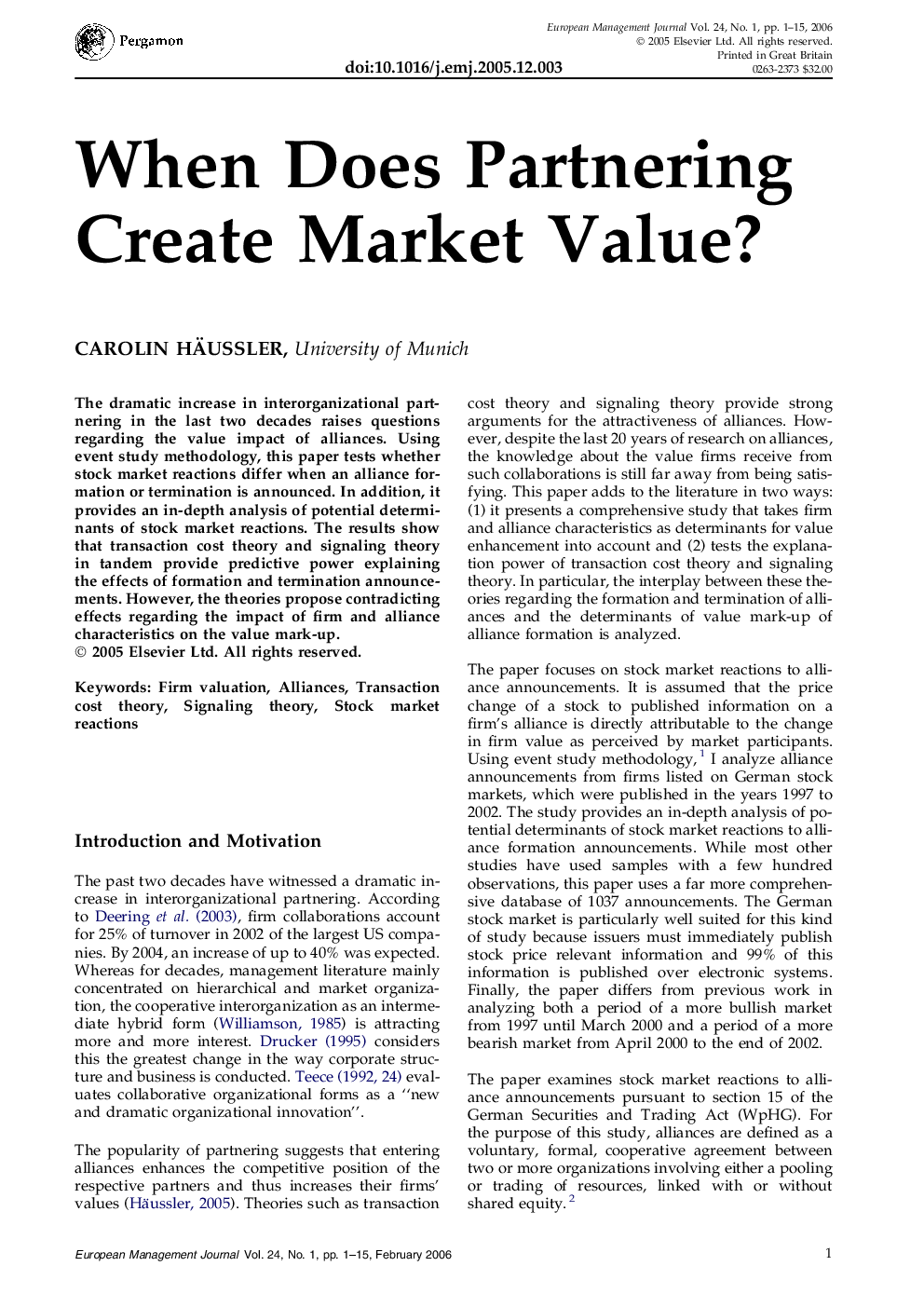 When Does Partnering Create Market Value?