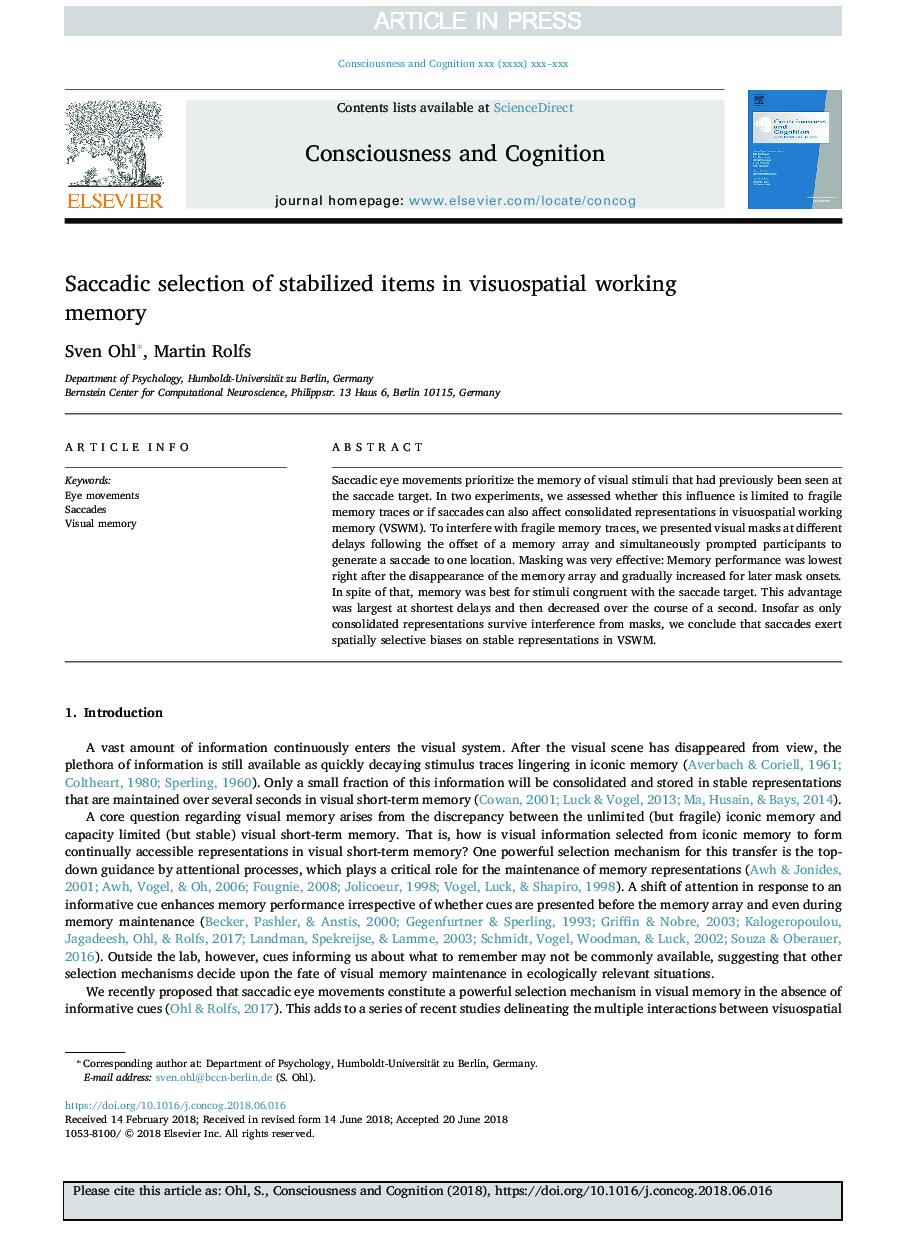 Saccadic selection of stabilized items in visuospatial working memory