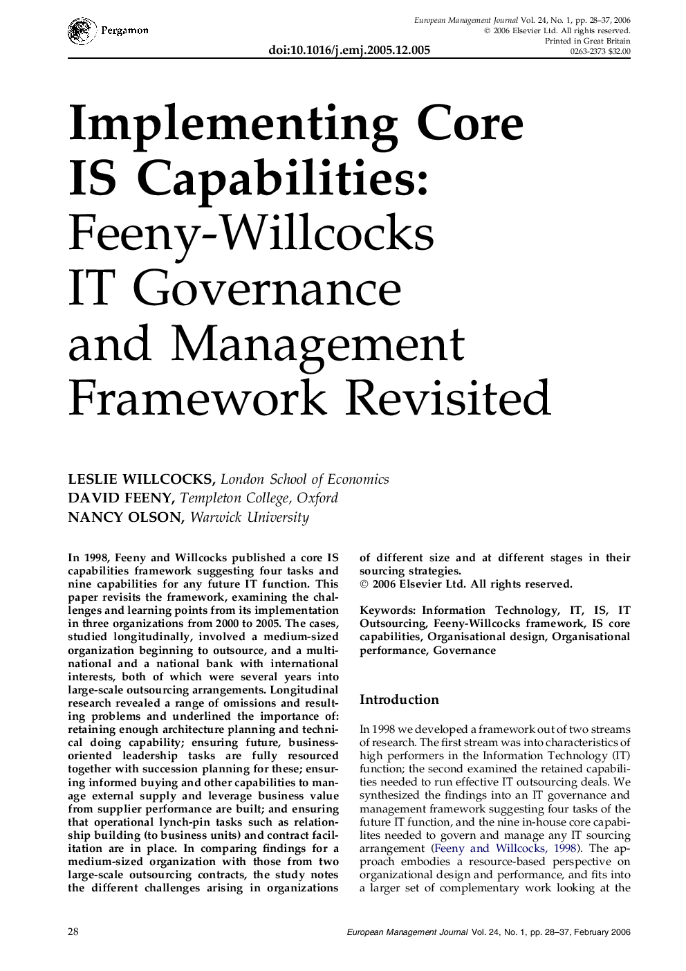 Implementing Core IS Capabilities:: Feeny–Willcocks IT Governance and Management Framework Revisited