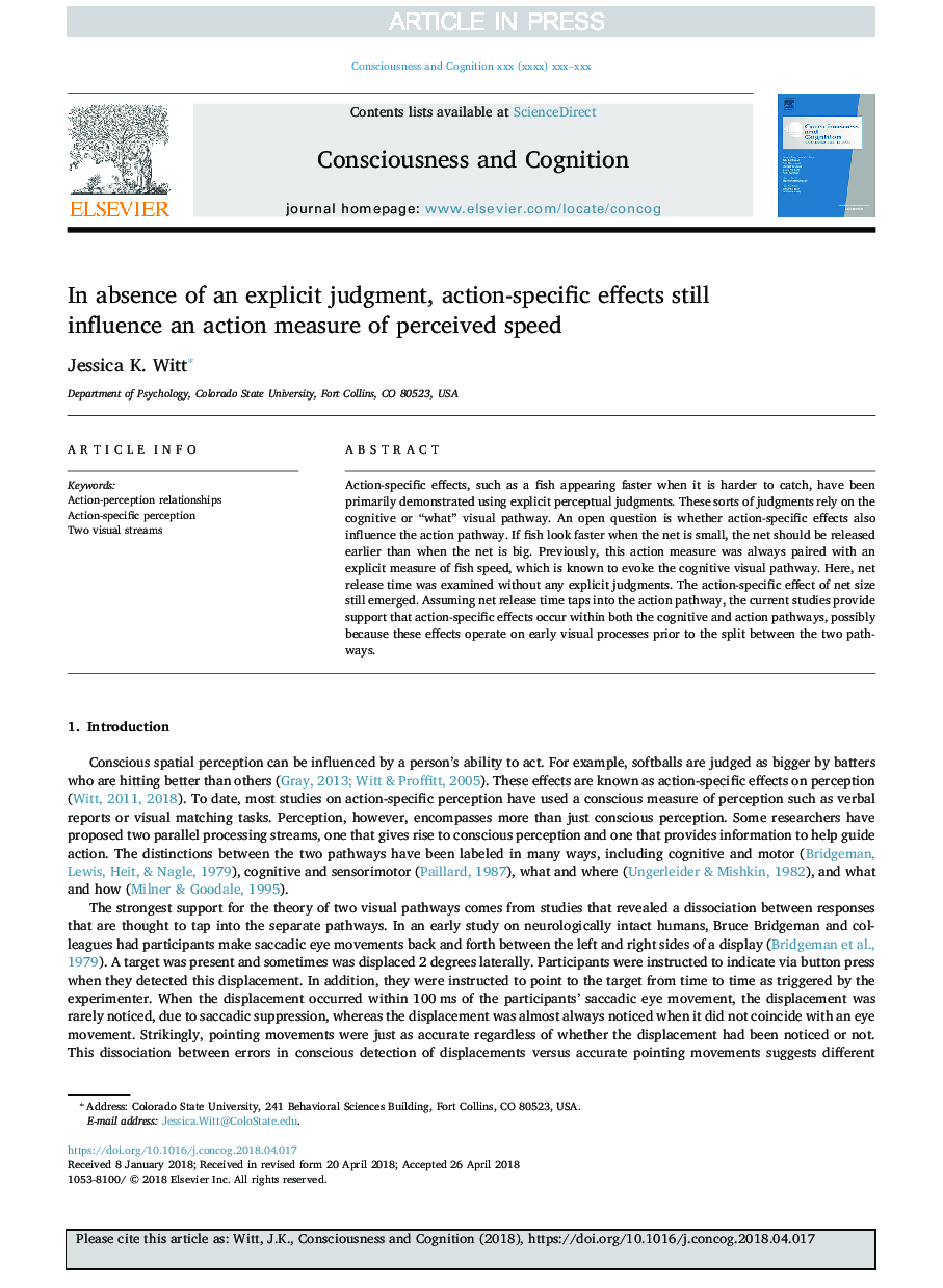 In absence of an explicit judgment, action-specific effects still influence an action measure of perceived speed