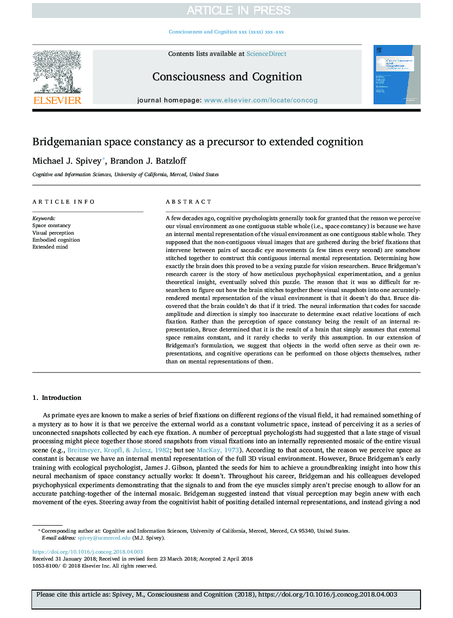 Bridgemanian space constancy as a precursor to extended cognition