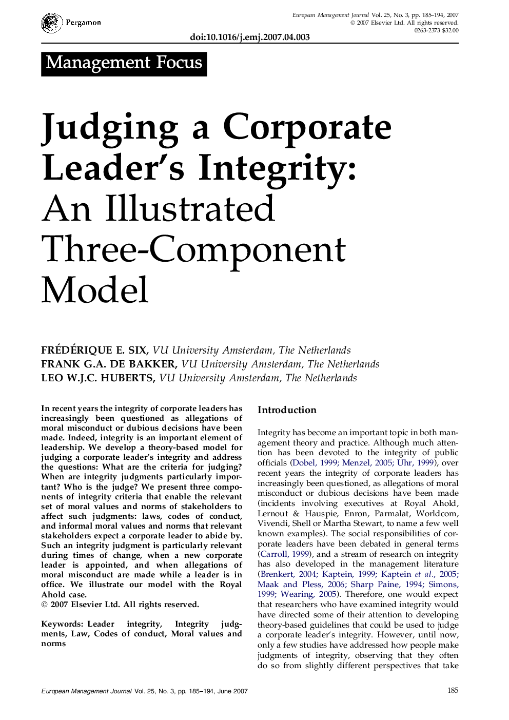 Judging a Corporate Leader’s Integrity:: An Illustrated Three-Component Model