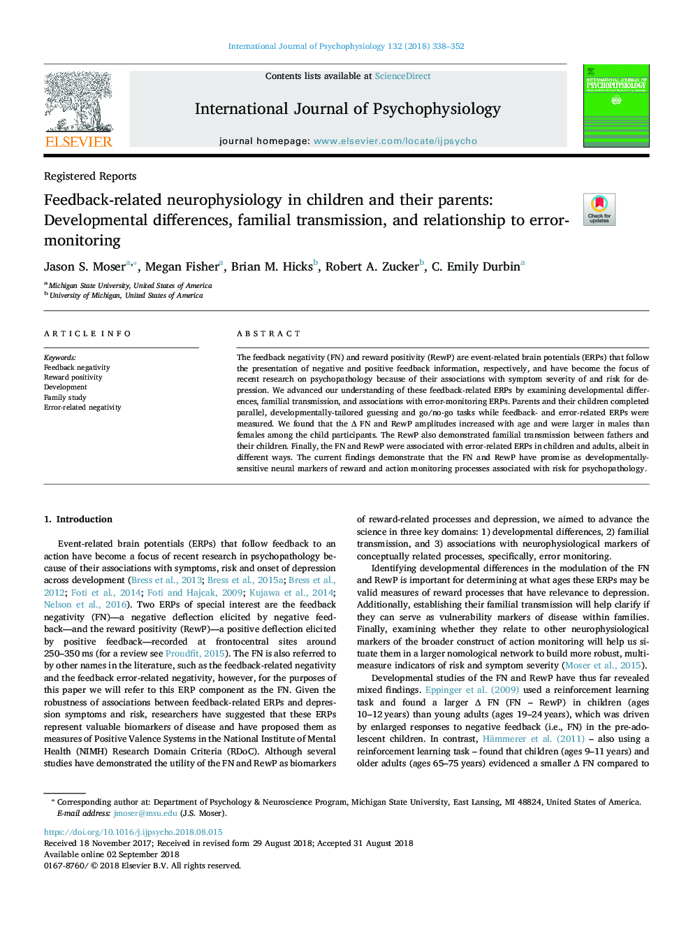 نوروفیزیولوژی مربوط به بازخورد در کودکان و والدین آنها: تفاوت های رشد، انتقال خانوادگی و ارتباط با نظارت بر خطا