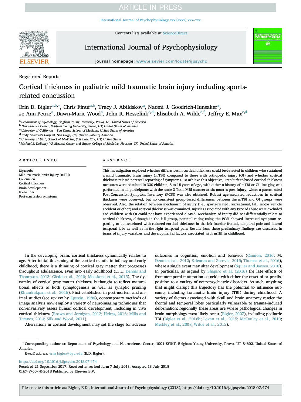 Cortical thickness in pediatric mild traumatic brain injury including sports-related concussion