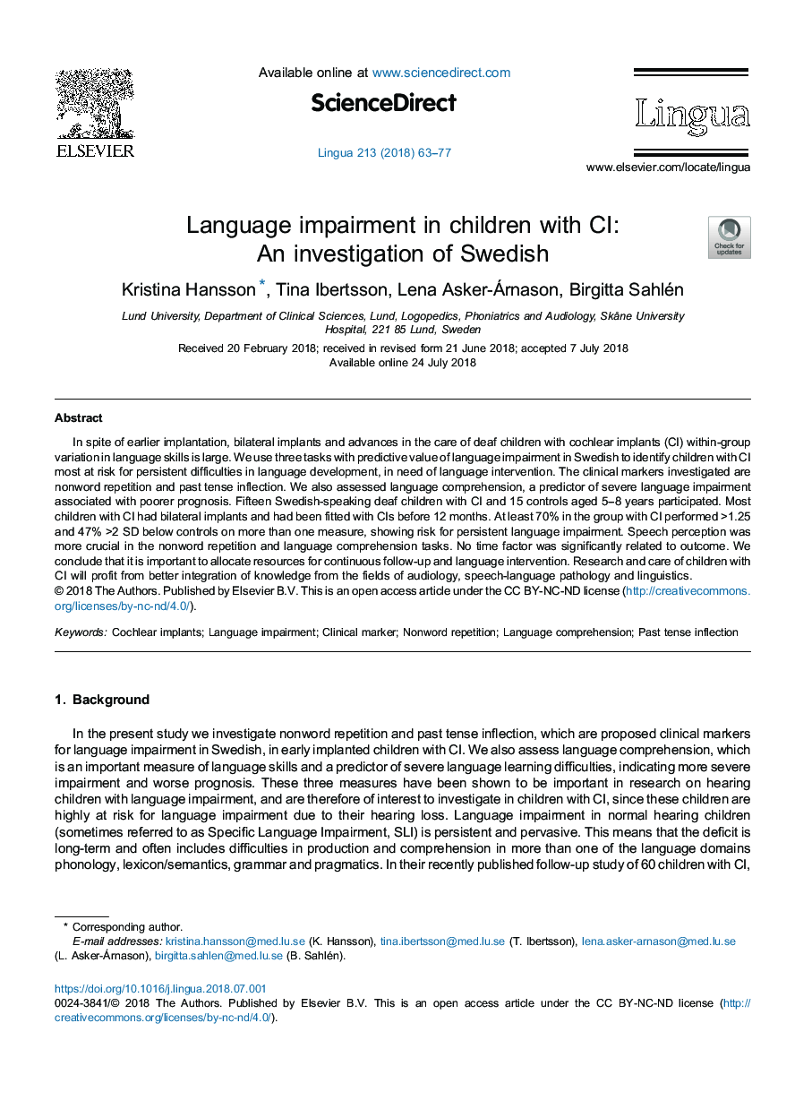 Language impairment in children with CI: An investigation of Swedish