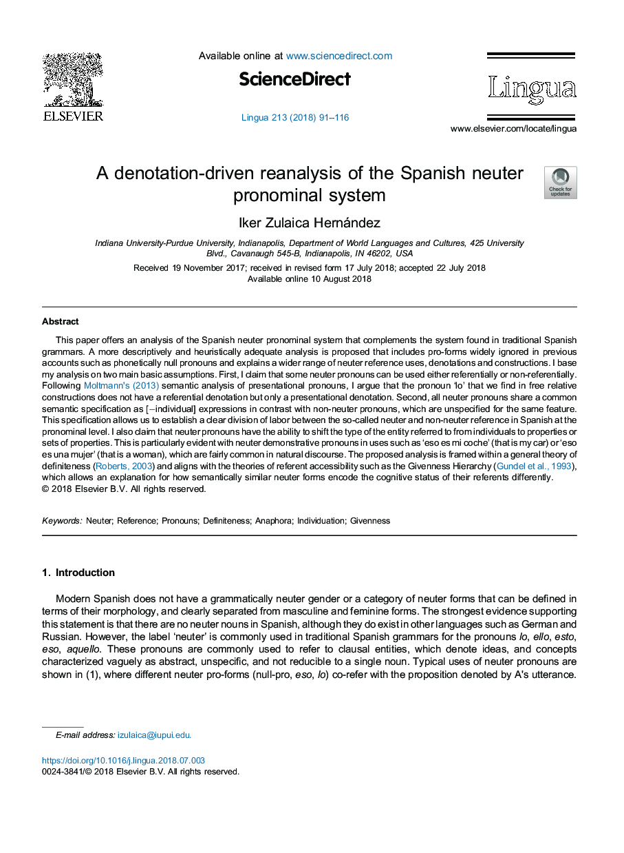 A denotation-driven reanalysis of the Spanish neuter pronominal system