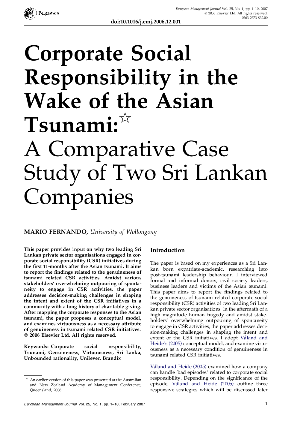 Corporate Social Responsibility in the Wake of the Asian Tsunami: : A Comparative Case Study of Two Sri Lankan Companies