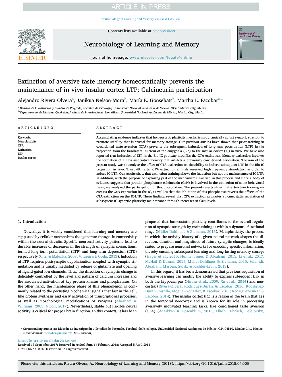 Extinction of aversive taste memory homeostatically prevents the maintenance of in vivo insular cortex LTP: Calcineurin participation