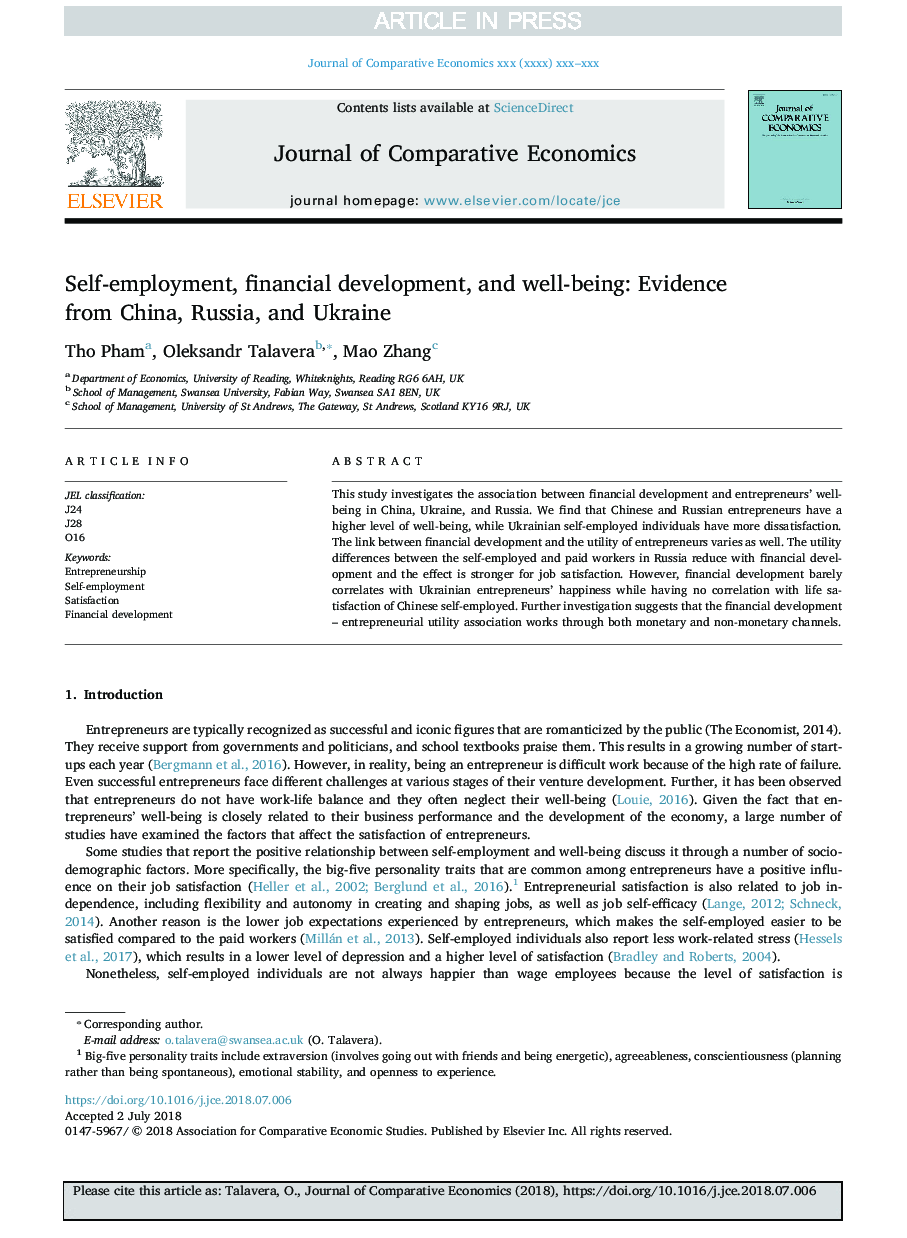 Self-employment, financial development, and well-being: Evidence from China, Russia, and Ukraine